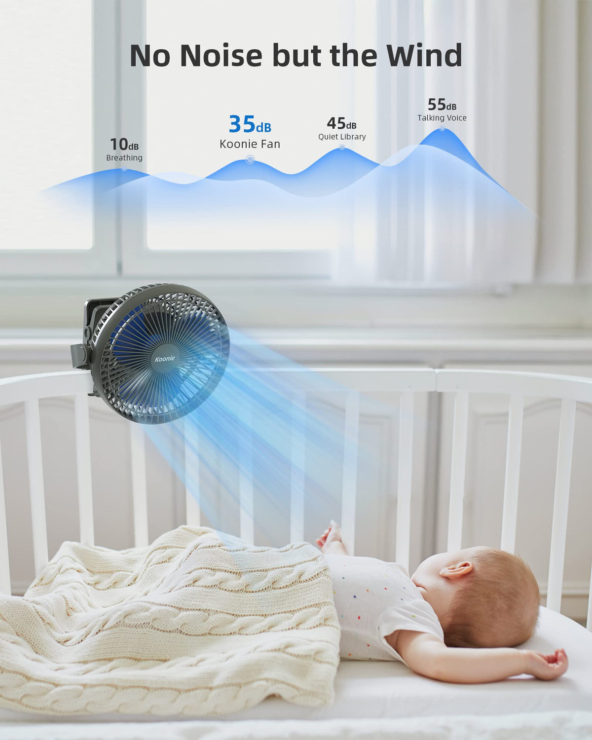 Koonie fan angled to show 360-degree rotation for precise cooling