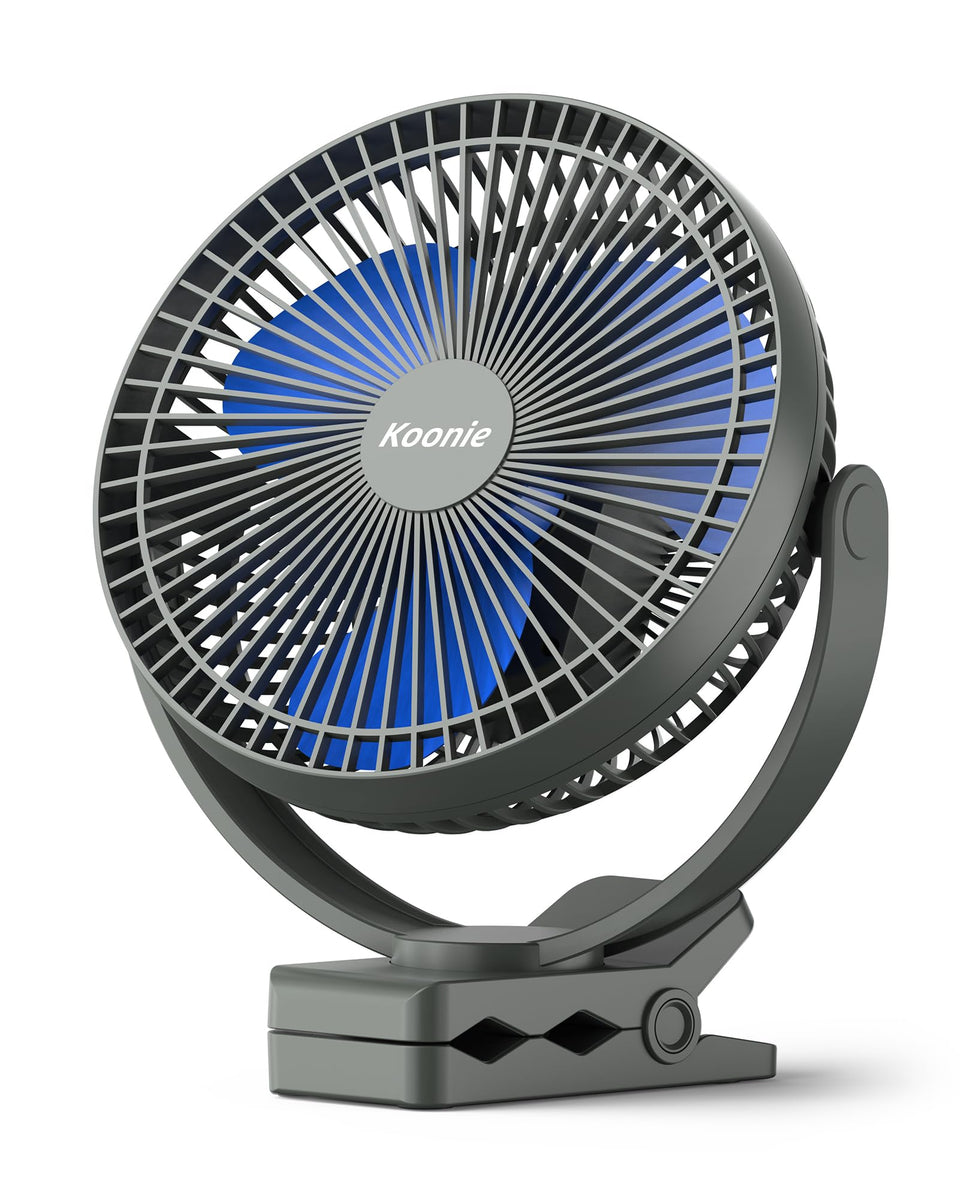 Koonie front view clip-on fan showing compact design and clamp benefit