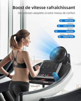 Koonie fastened to a treadmill frame offering focused airflow during workouts
