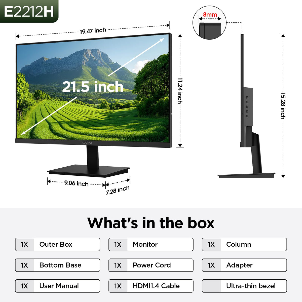 KOORUI 22-inch monitor back ports and compatibility details.