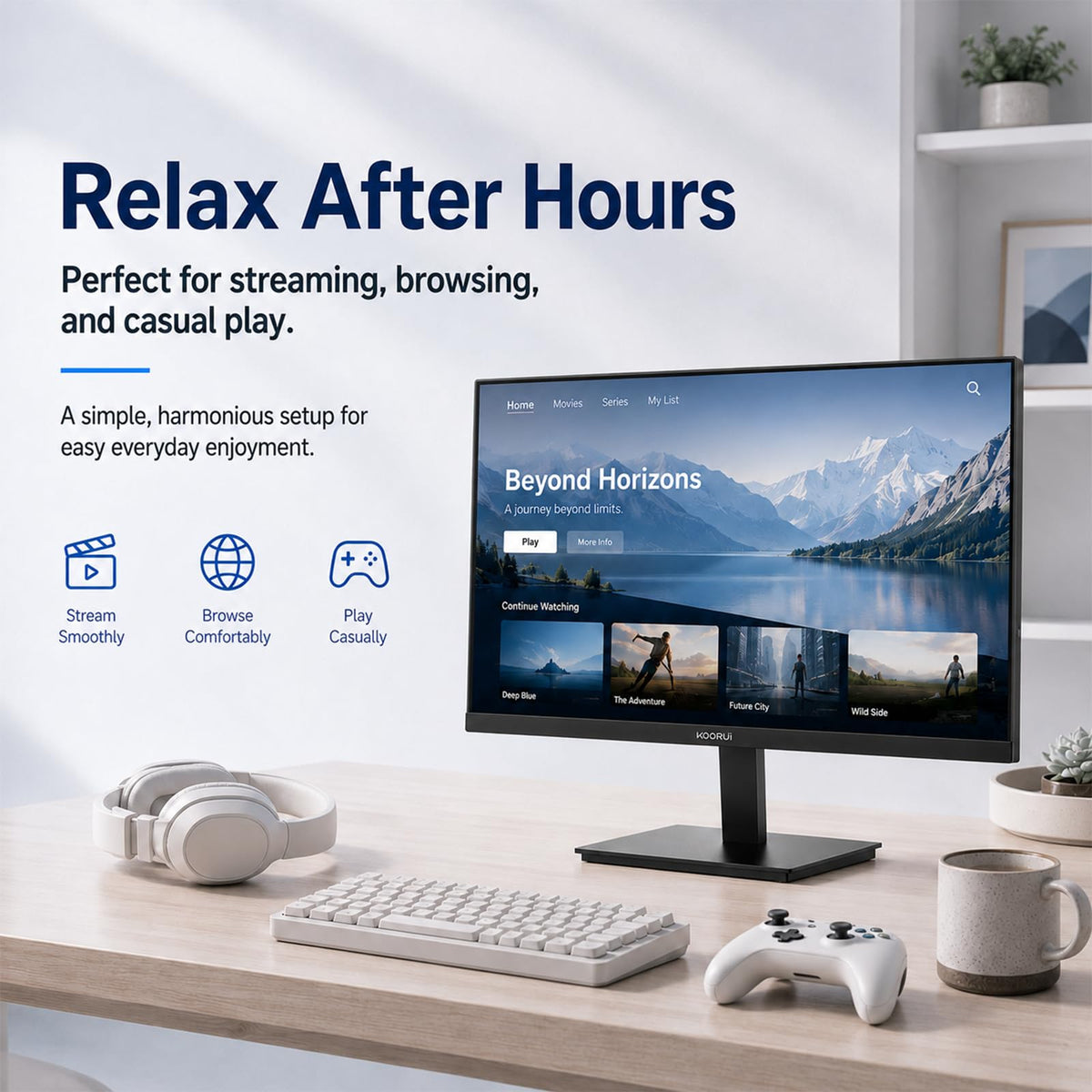 KOORUI monitor with HDMI and VGA ports simplifies device connections.