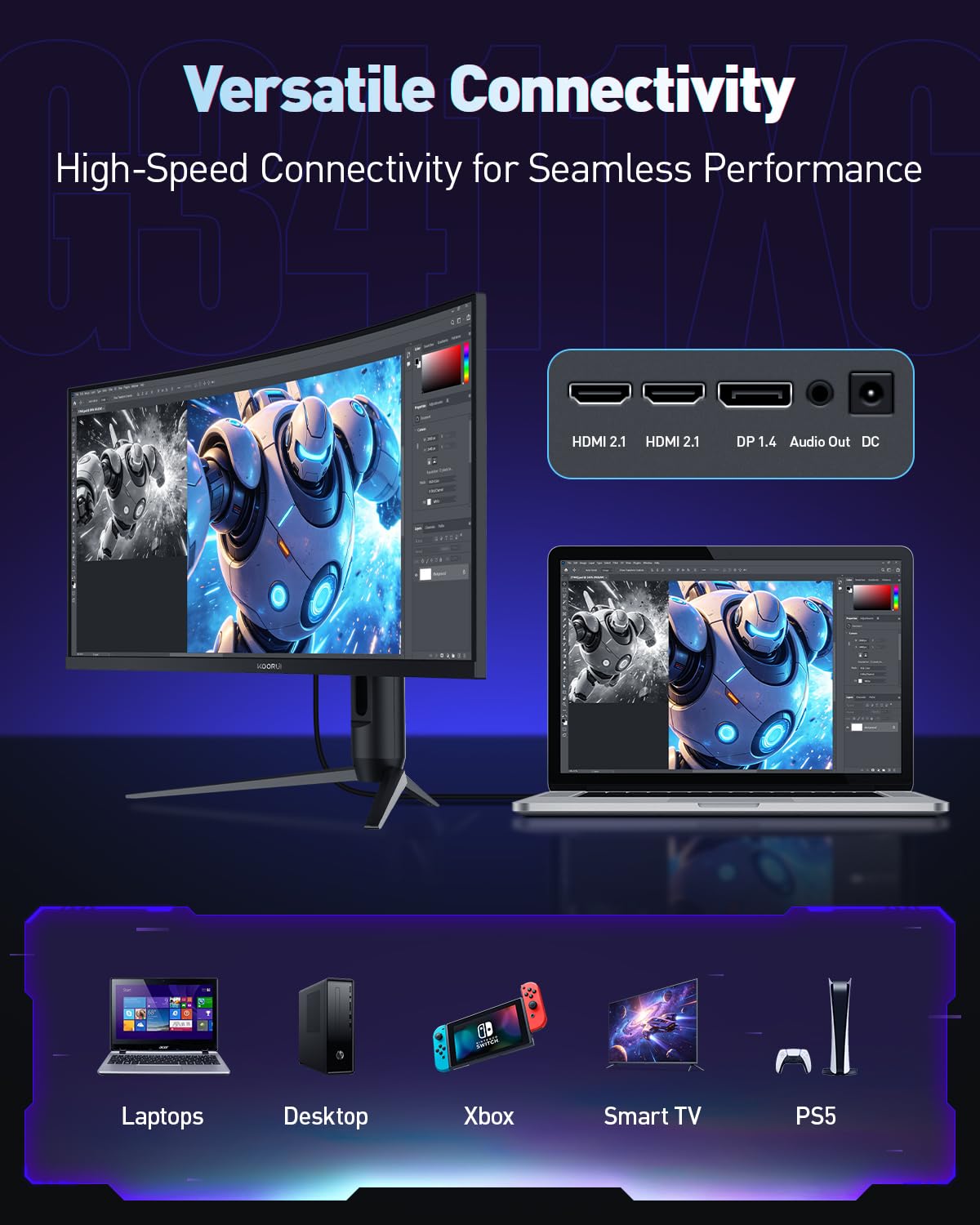 KOORUI Adaptive Sync reduces motion artifacts for smoother gameplay and creative workflows.