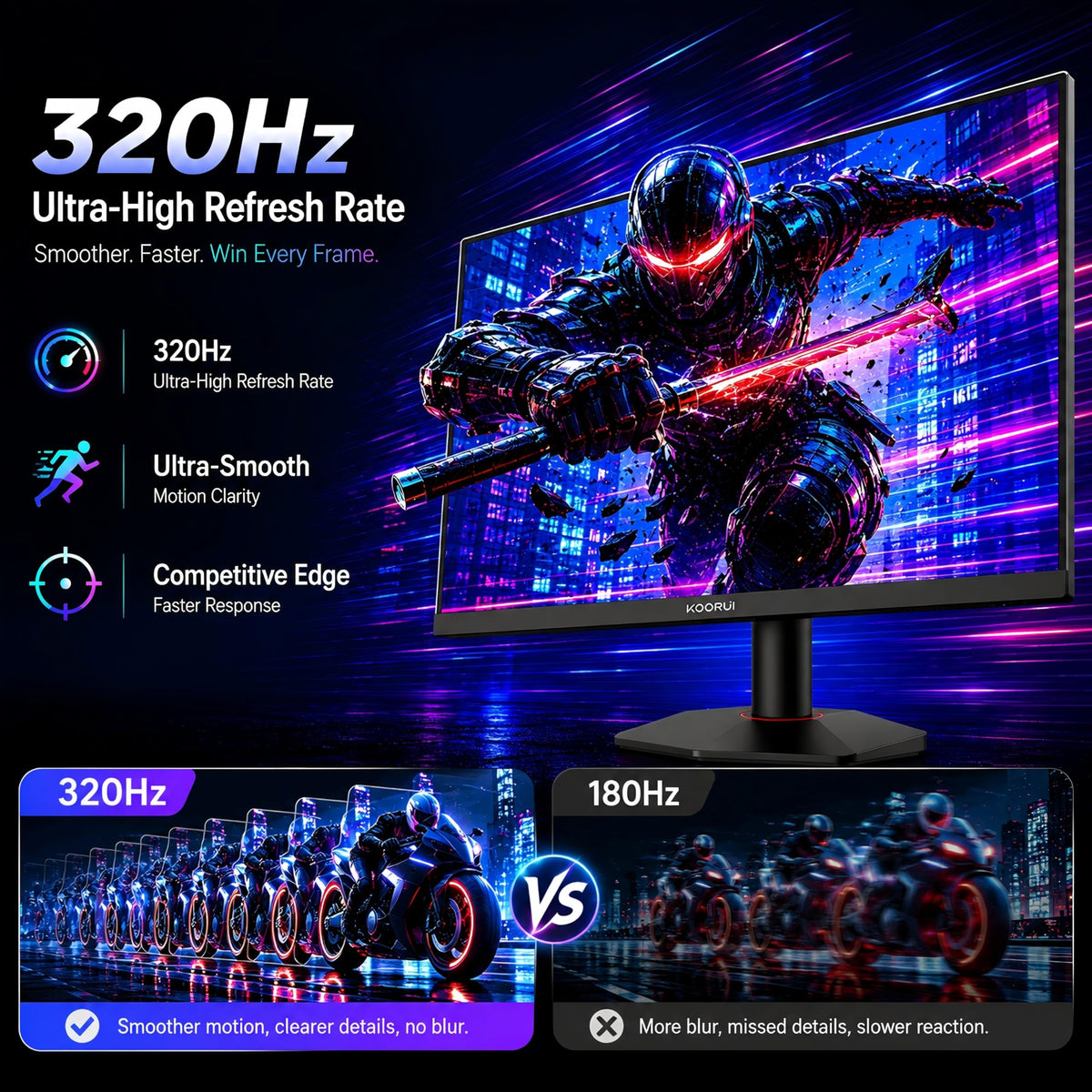KOORUI fast-IPS QHD panel provides crisp colors and wide viewing angles.