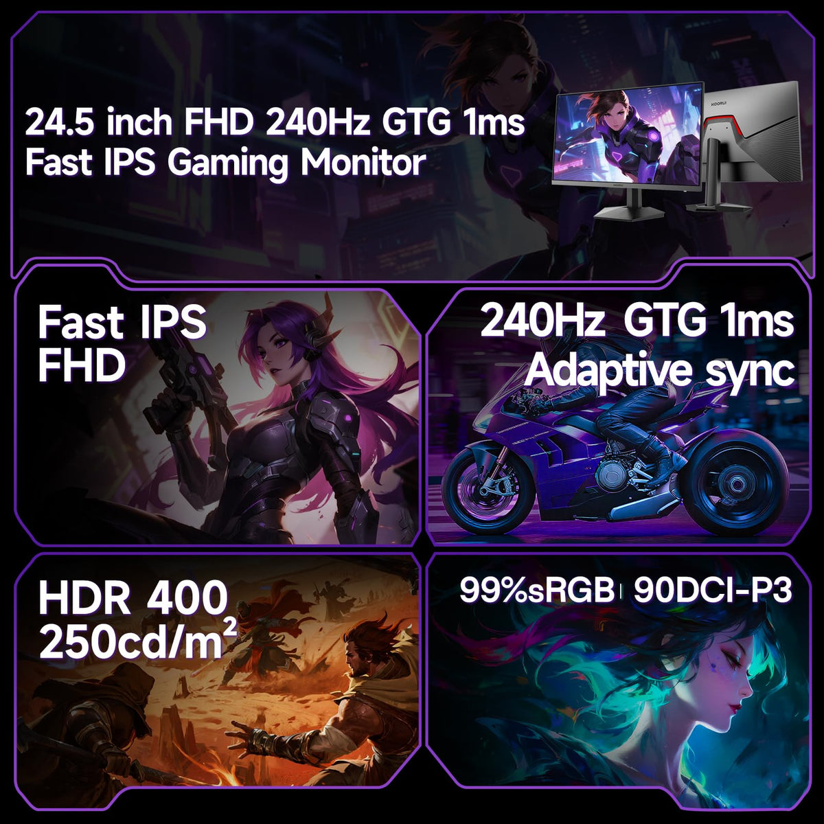 KOORUI G2511X 240Hz fast IPS action shot emphasizes smooth motion for competitive play.