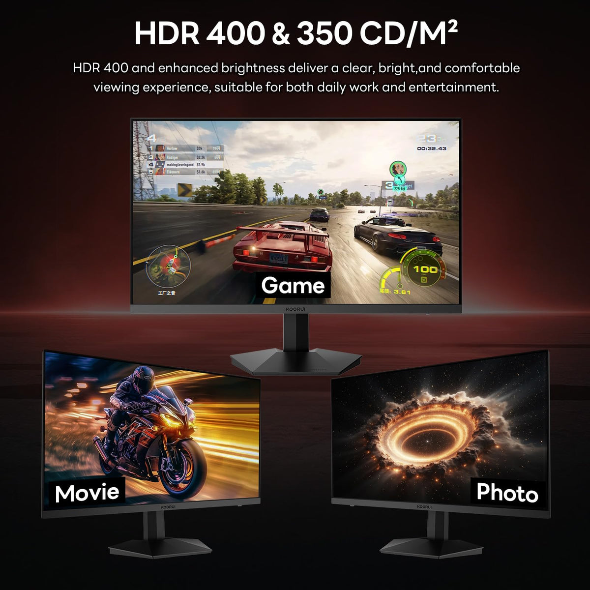KOORUI HDMI and DisplayPort inputs simplify device connections.