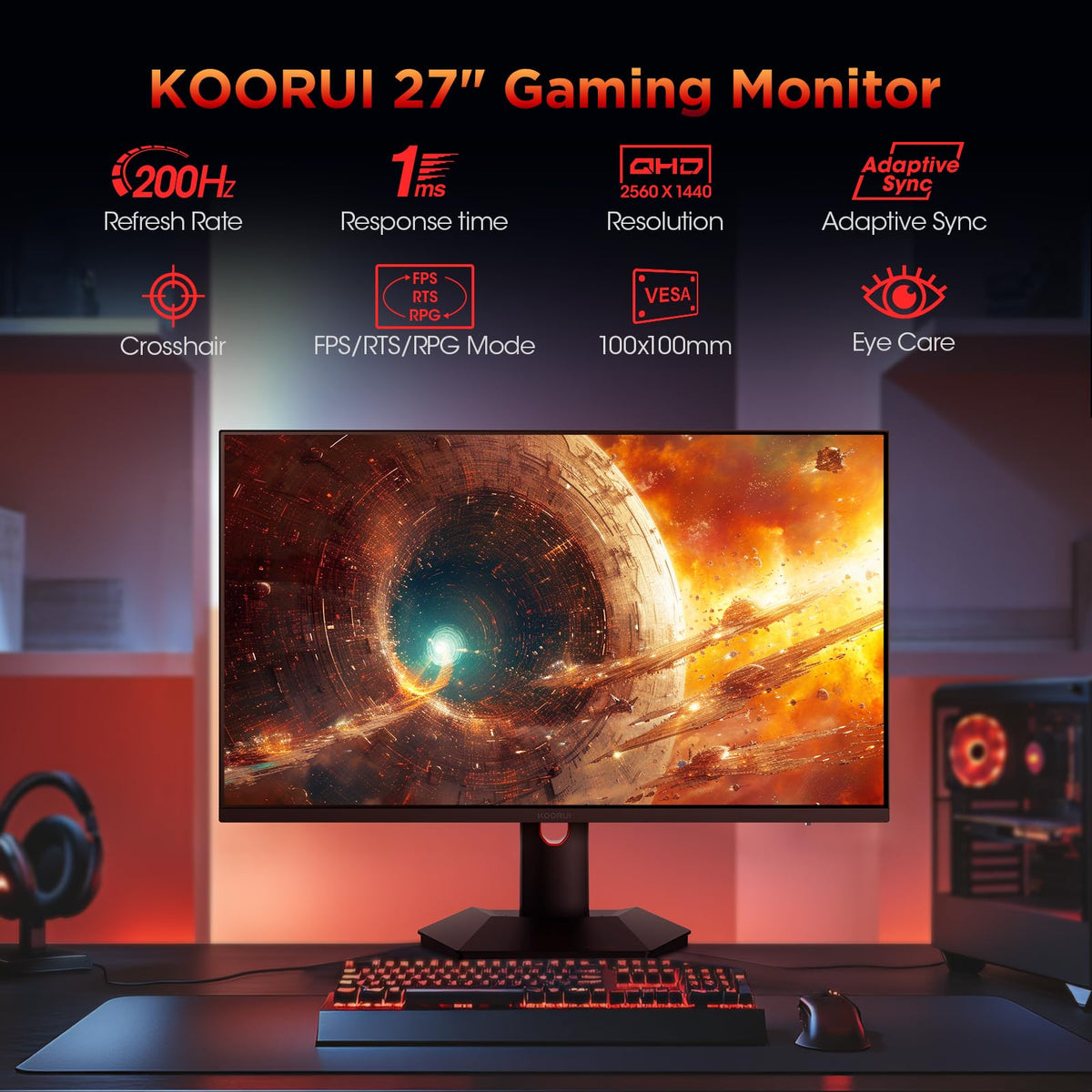KOORUI Monitor 27 side profile with slim bezels for desk setup