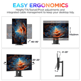 KOORUI S2721XO ergonomic stand with height/tilt/swivel/pivot adjustments
