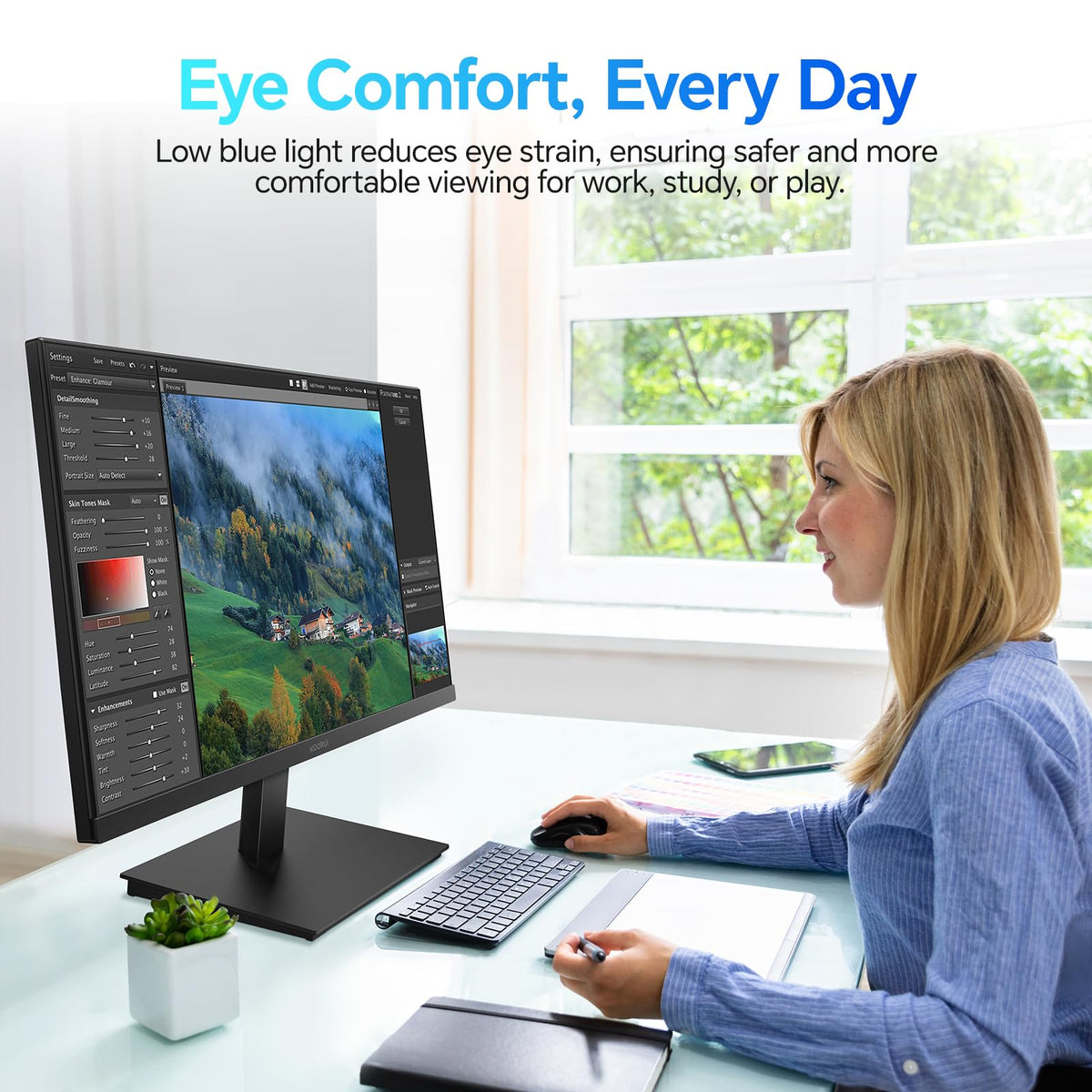 KOORUI tilt-adjustable stand and VESA mounting offer flexible setup