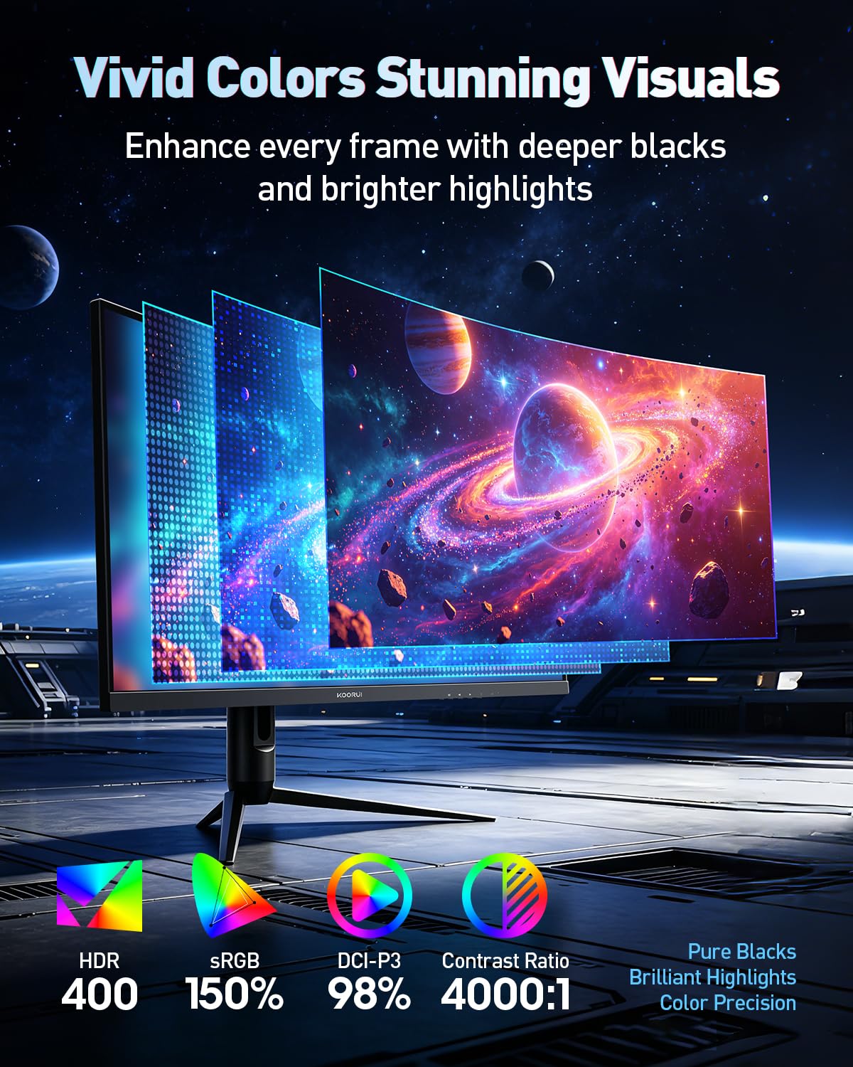 KOORUI 3440x1440 WQHD resolution enhances detail and clarity for gaming, films, and work tasks.