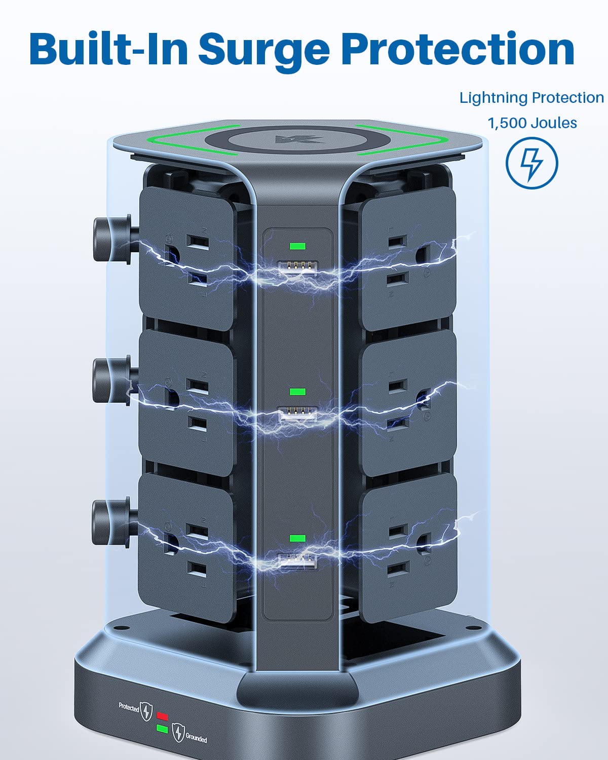 KOOSLA power strip switches and 6.5ft cord detail for easy control and placement