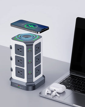 KOOSLA side detail showing 12 AC sockets and 6 USB ports for versatile power