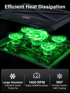 Kootek close-up of fan blades and green LEDs highlighting quiet cooling