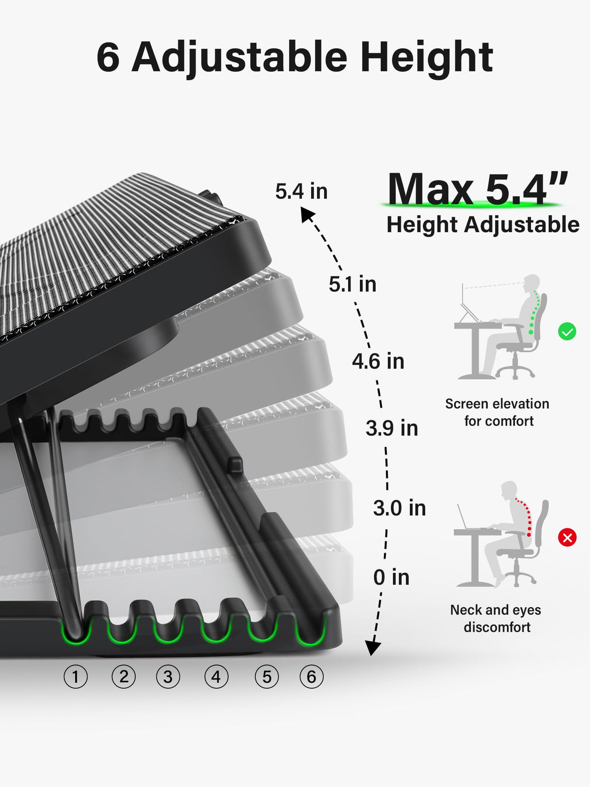 Kootek side profile showing six height settings for ergonomic comfort