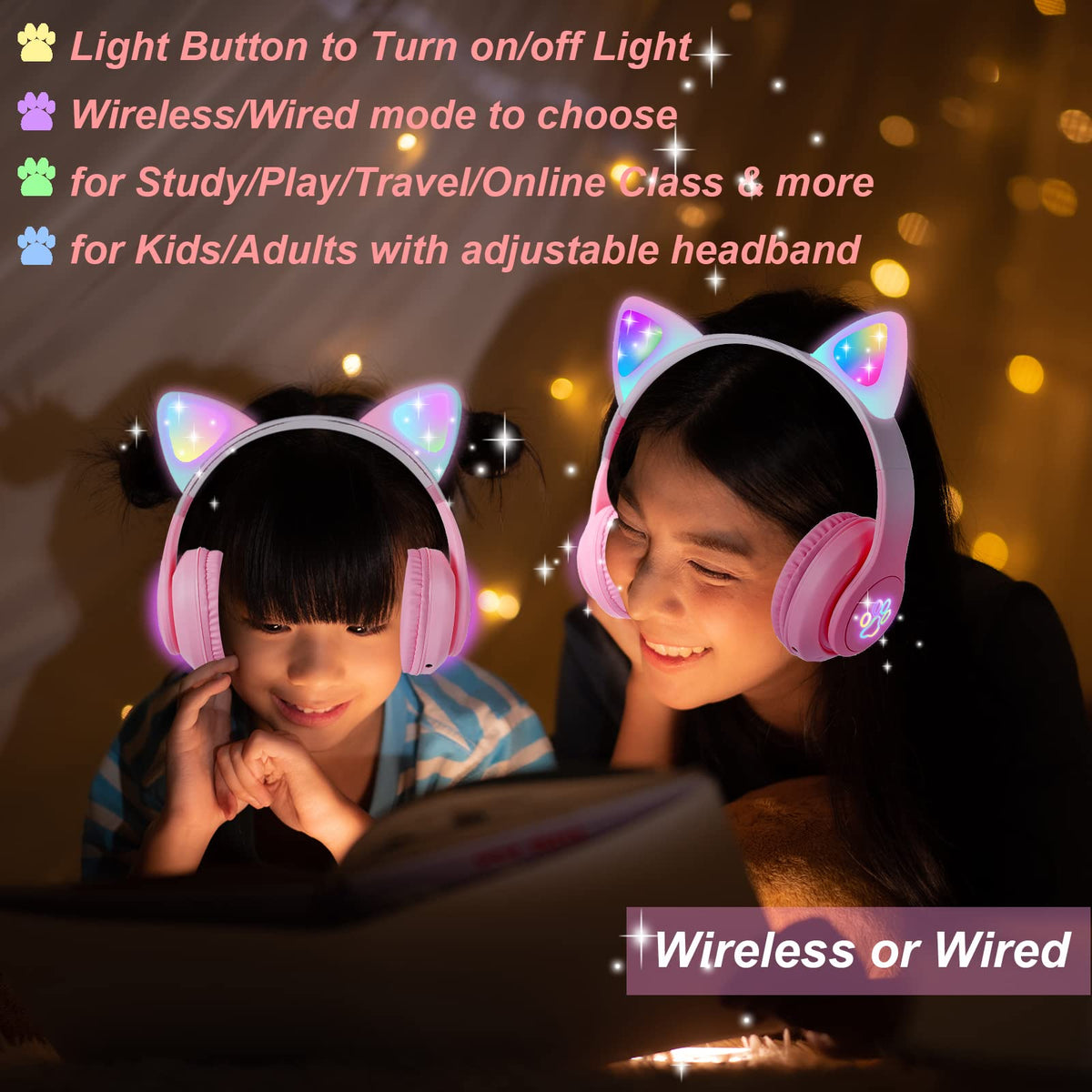 KORABA wireless pink headphones with Bluetooth mode for easy travel listening.