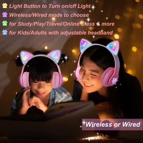 KORABA wireless pink headphones with Bluetooth mode for easy travel listening.