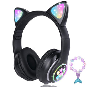 KORABA cat-ear headphones with LED lights, ideal for kids' school and travel.