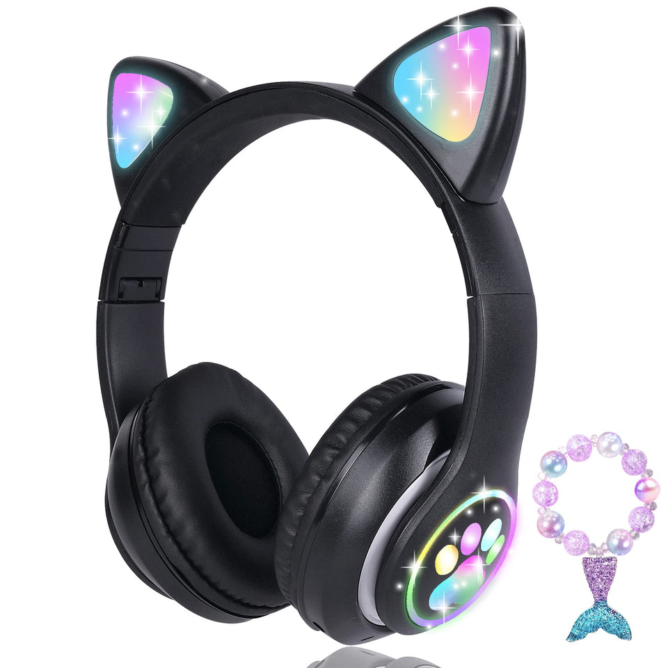 KORABA cat-ear headphones with LED lights, ideal for kids' school and travel.