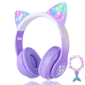 KORABA cat ear headphones with LED purple lights for kids' fun and learning