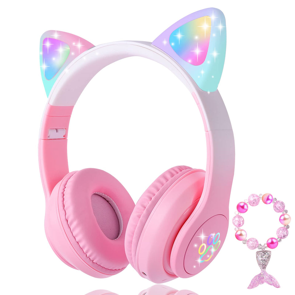 KORABA cat ear headphones with pink LED lights for engaging study sessions.