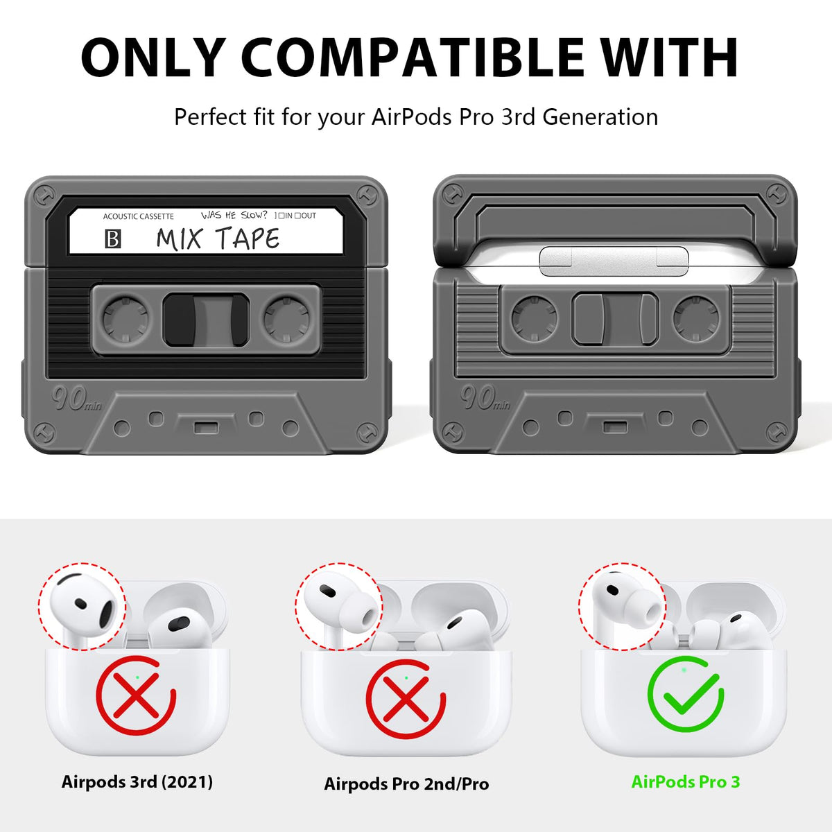KOREDA AirPods Pro 3 cassette back view, secure grip with retro design