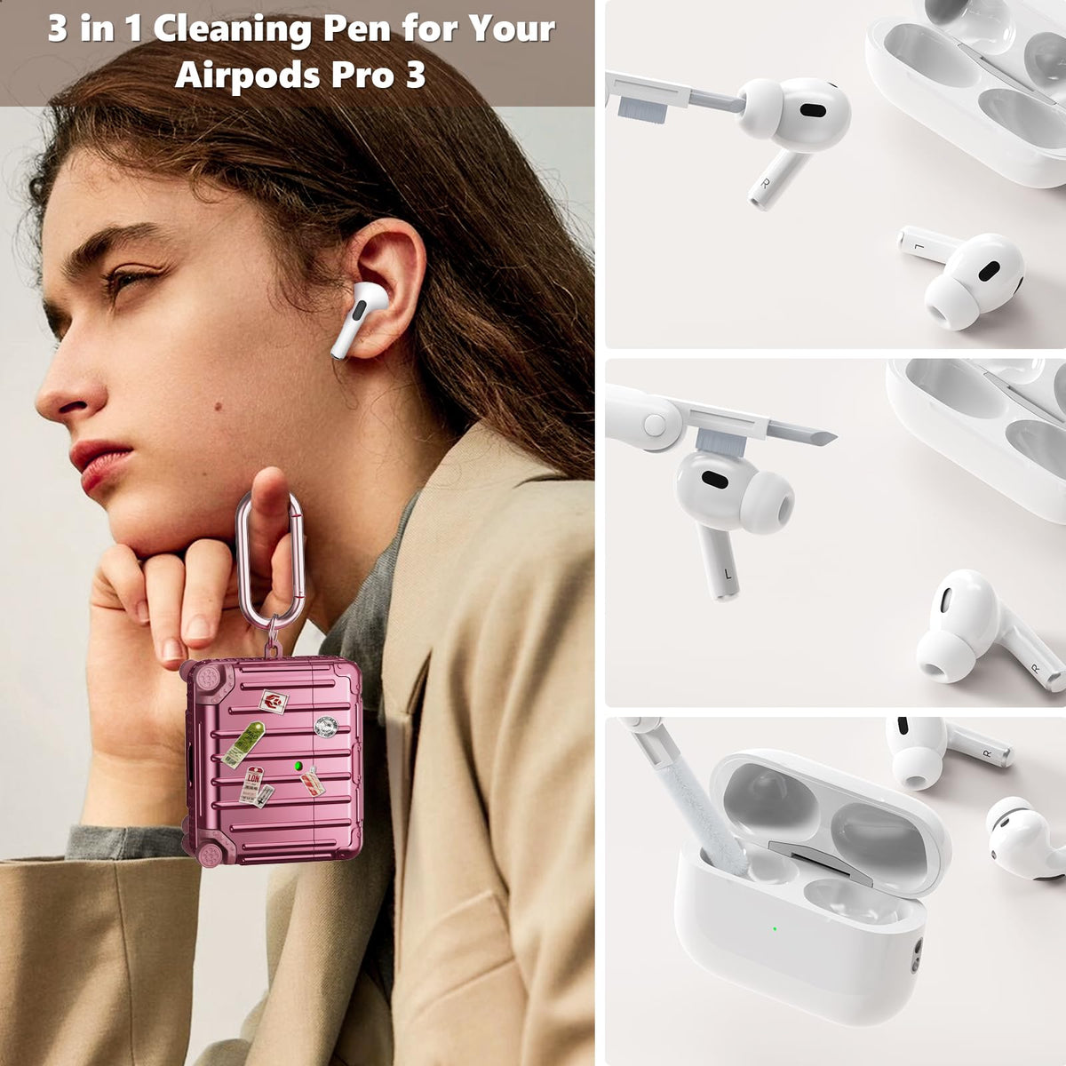 KOREDA AirPods Pro 3 case demonstrates wired and wireless charging with case on.