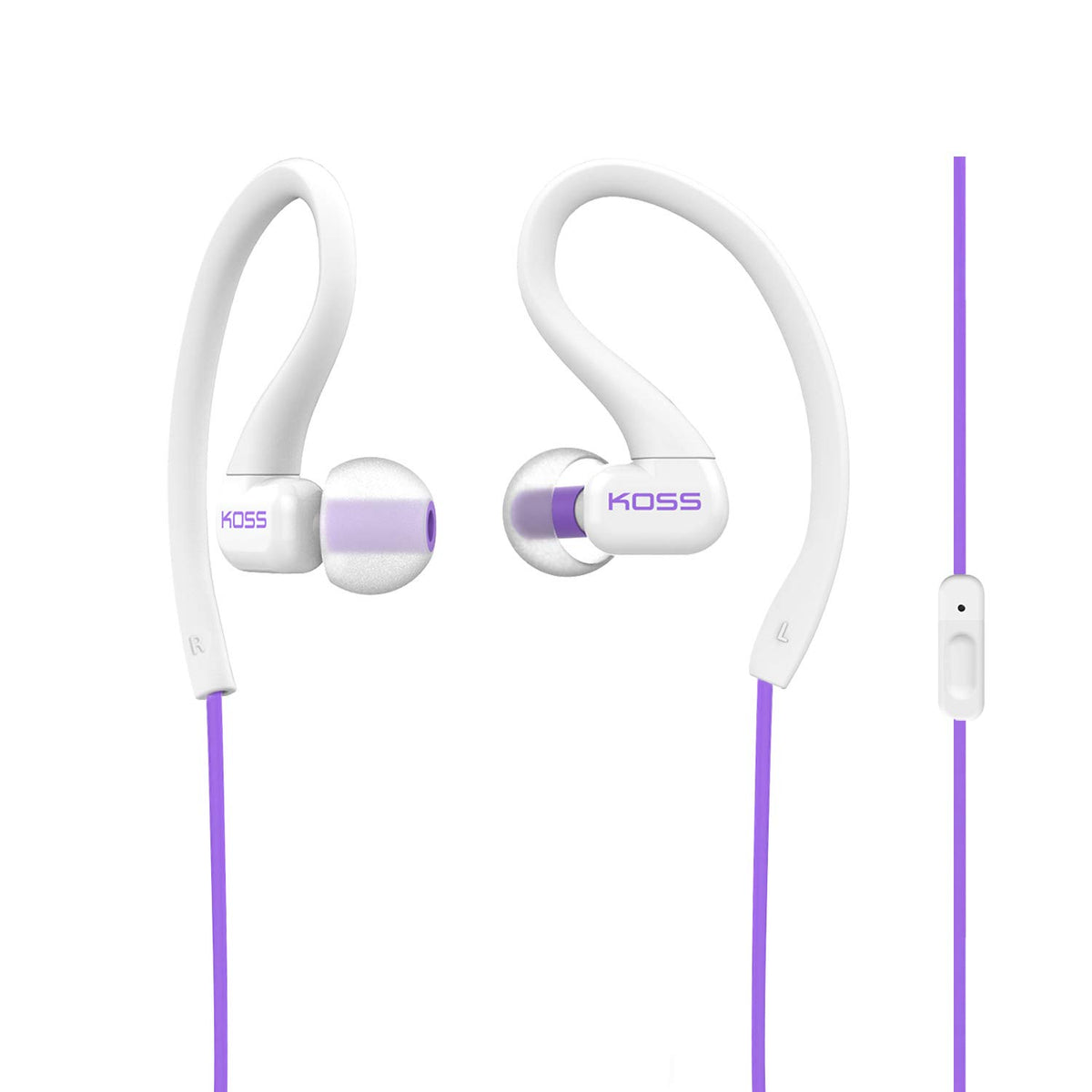 Koss KSC32i V Sport Clip Headphones violet close-up showing lightweight, secure clip design