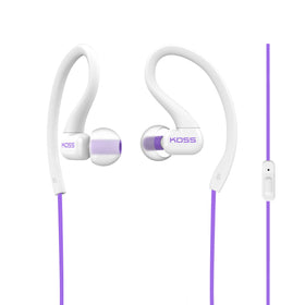 Koss KSC32i V Sport Clip Headphones violet close-up showing lightweight, secure clip design
