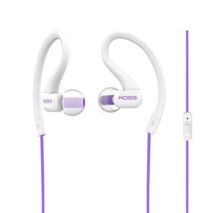 Koss KSC32i V Sport Clip Headphones violet close-up showing lightweight, secure clip design