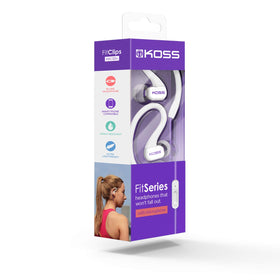 Koss KSC32i V Sport Clip Headphones violet worn during workouts with inline microphone for easy calls