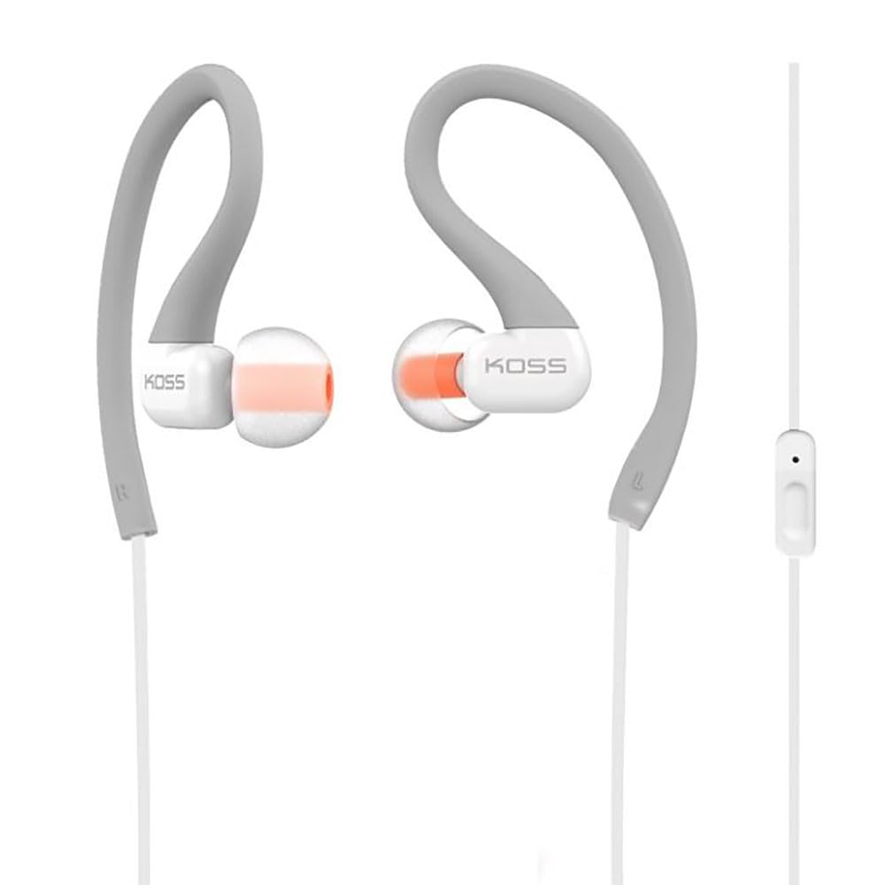Koss KSC32iGry in-ear clip headphones with secure fit for workouts.