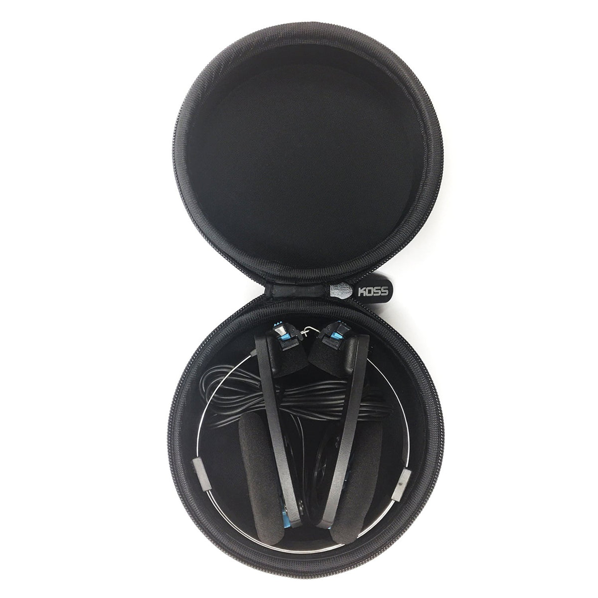 Koss case closeup of matte texture and rubber zipper pull for easy grip