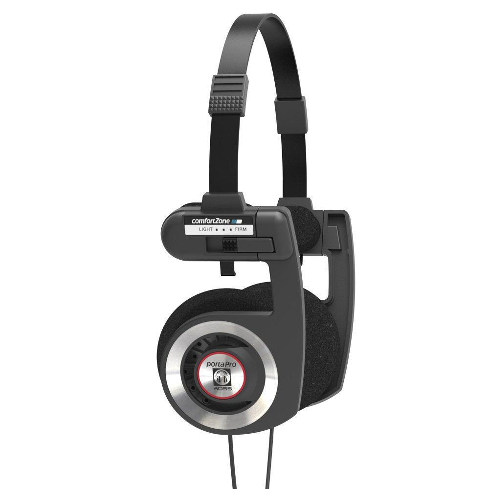 Koss Porta Pro collapsed and folded into compact shape with included case for easy transport