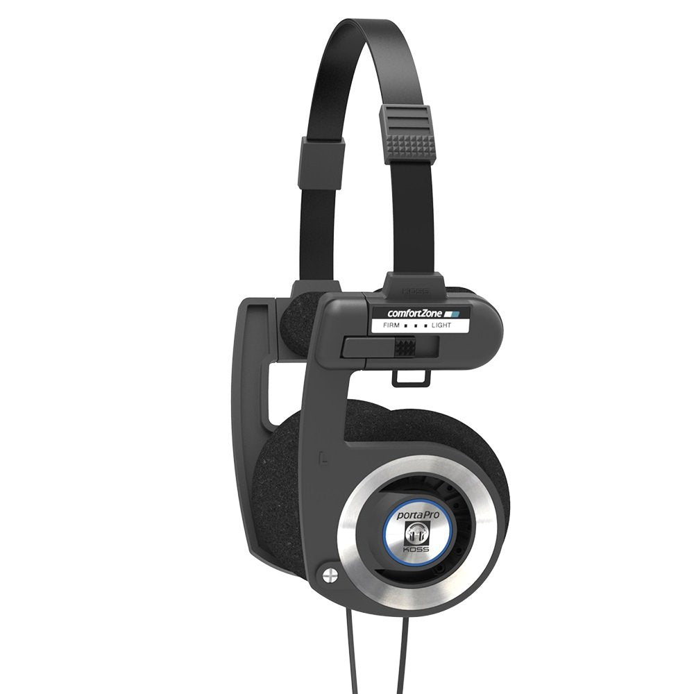 Koss Porta Pro front view showing black on-ear cups and retro metal headband for classic style