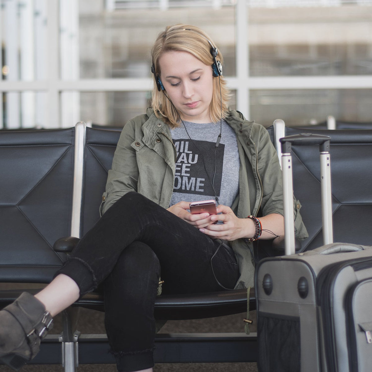 Koss Porta Pro worn on commuter, lifestyle scene showing convenience and clear calls