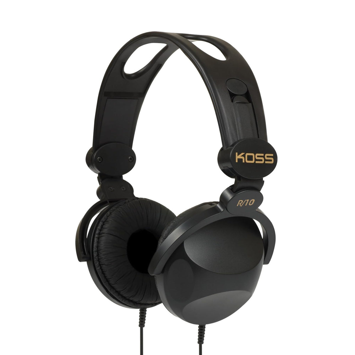 Koss R-10 headphones front view in black with lightweight retro styling.