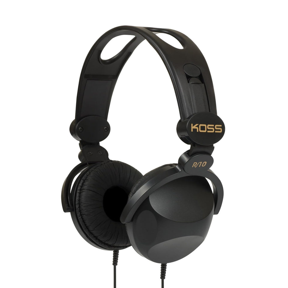 Koss R-10 headphones front view in black with lightweight retro styling.