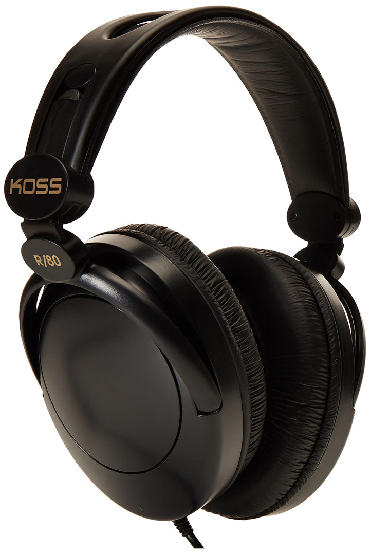 Koss R-80 front view showing sleek black finish and over-ear fit for comfortable listening