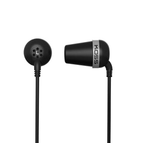Koss The Plug front view showing black earphones and compact design for daily use