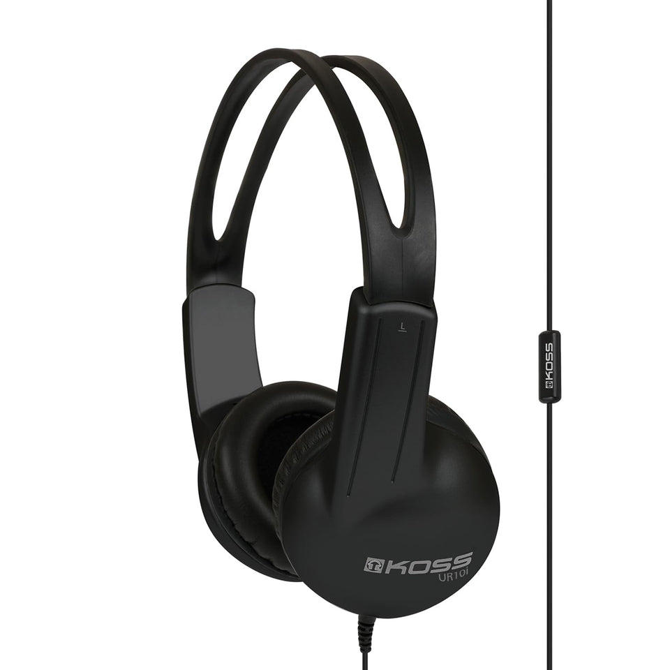 Koss UR10i lightweight on-ear headphones in black for comfortable listening.