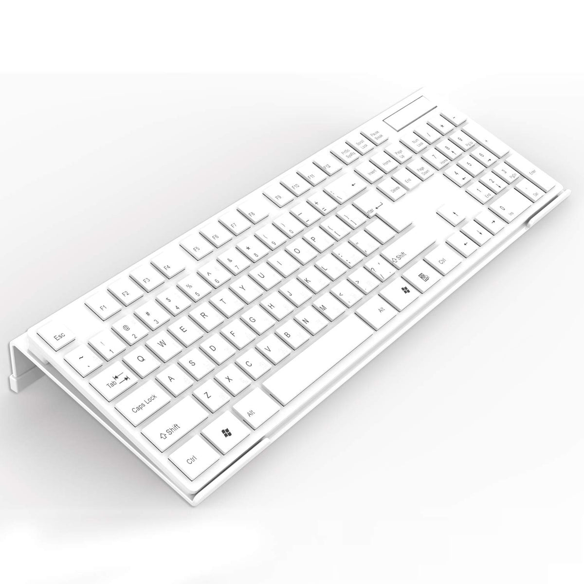 Kotemon acrylic tilted keyboard stand front view showing a slim ergonomic profile for ergonomic typing comfort.