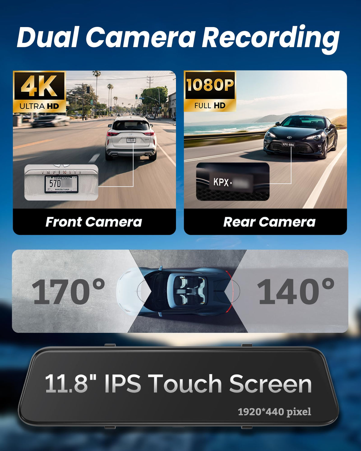 KOUENOM 12-inch IPS screen with bright, stable display