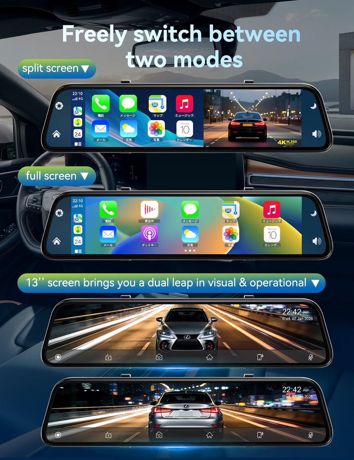 KOUENOM 2026 ultrawide 13-inch wireless CarPlay for cable-free connectivity.