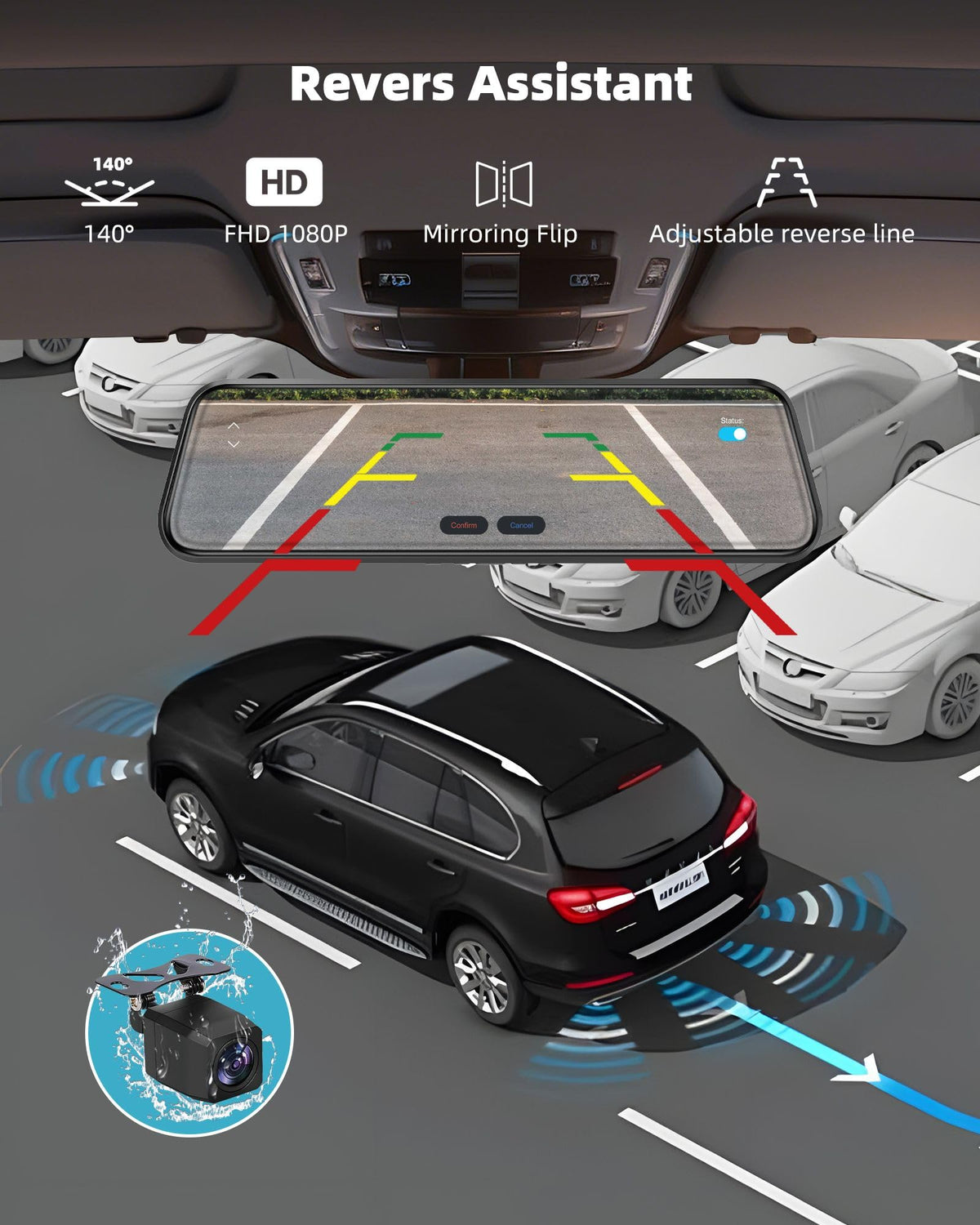KOUENOM reverse assist display demonstrating backup guidance and obstacle awareness