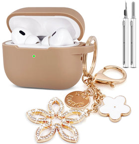 KOUJAON AirPods Pro Milk Tea case with bling keychain for easy bag attachment.