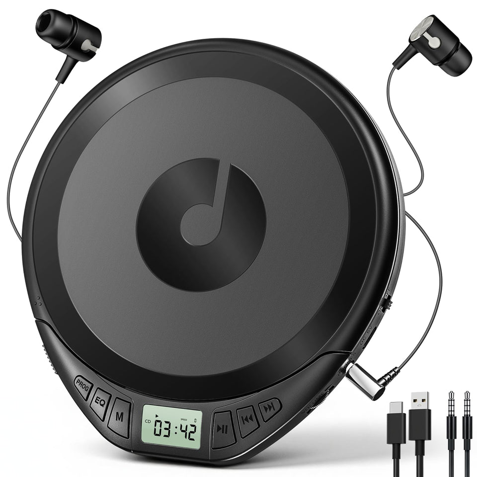 KOVCDVI portable CD player front view, sleek black design for daily listening.