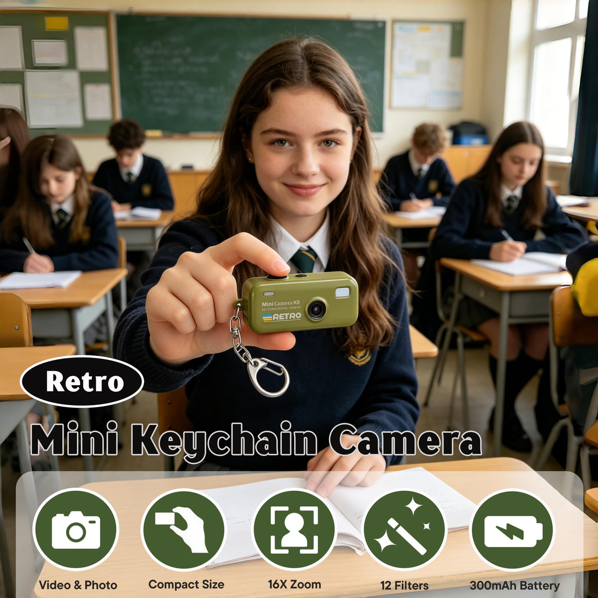 KoveYzao Keychain Digital Camera side view highlighting compact design for everyday carry.
