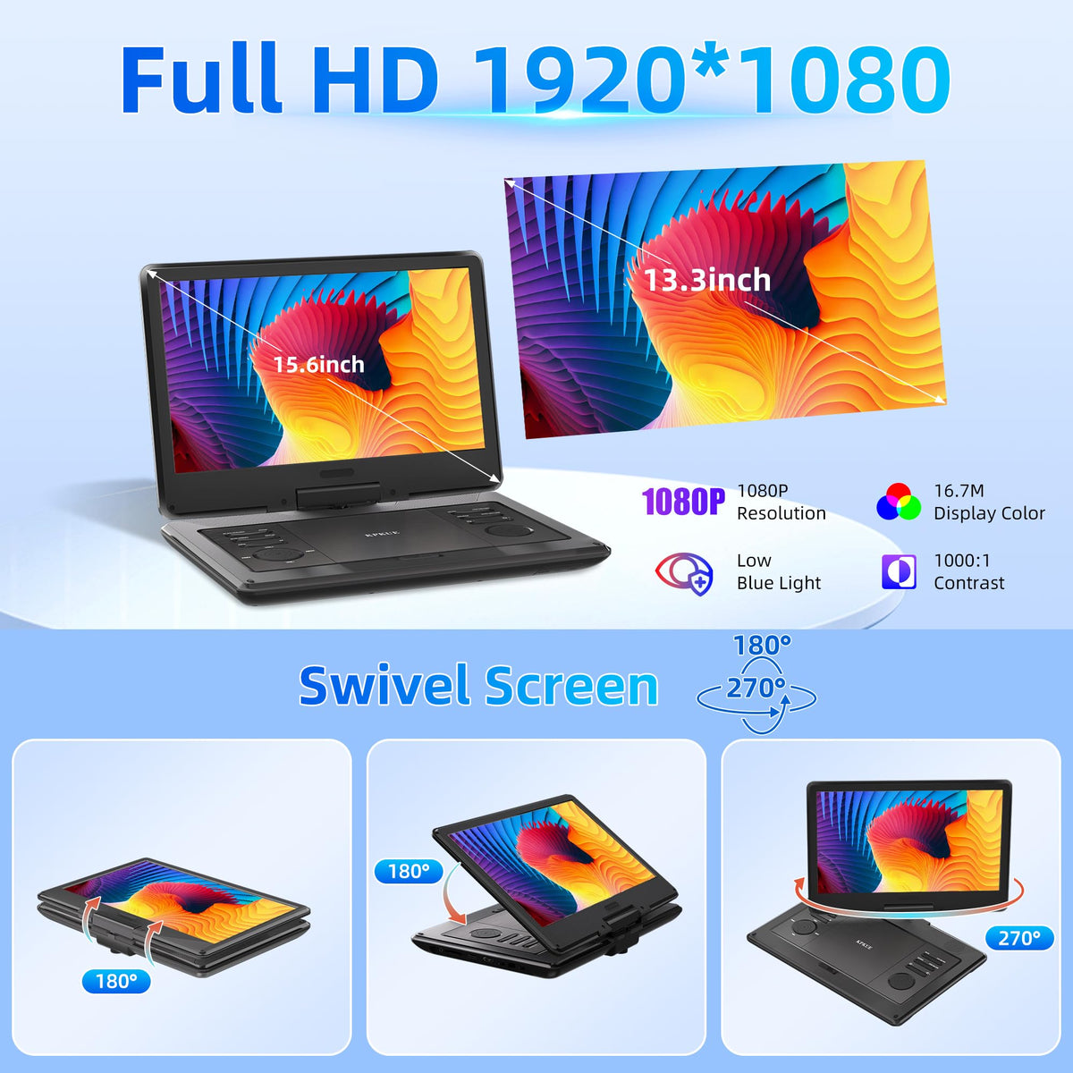 KPKUE 13.3-inch swivel screen offers flexible positioning.