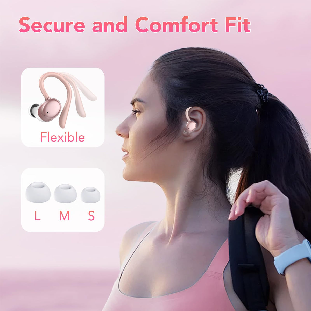 KT1 earbud with earhook fitted in ear offering secure workout stability