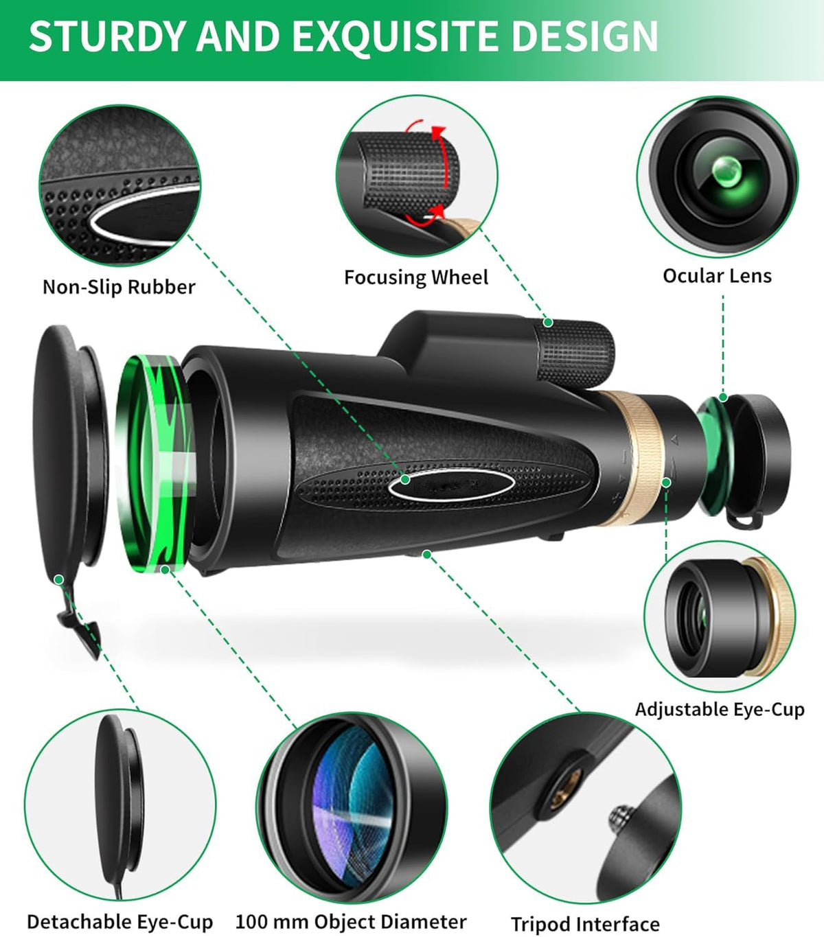 KTBDING objective lens close-up highlighting large 100mm aperture for brighter images