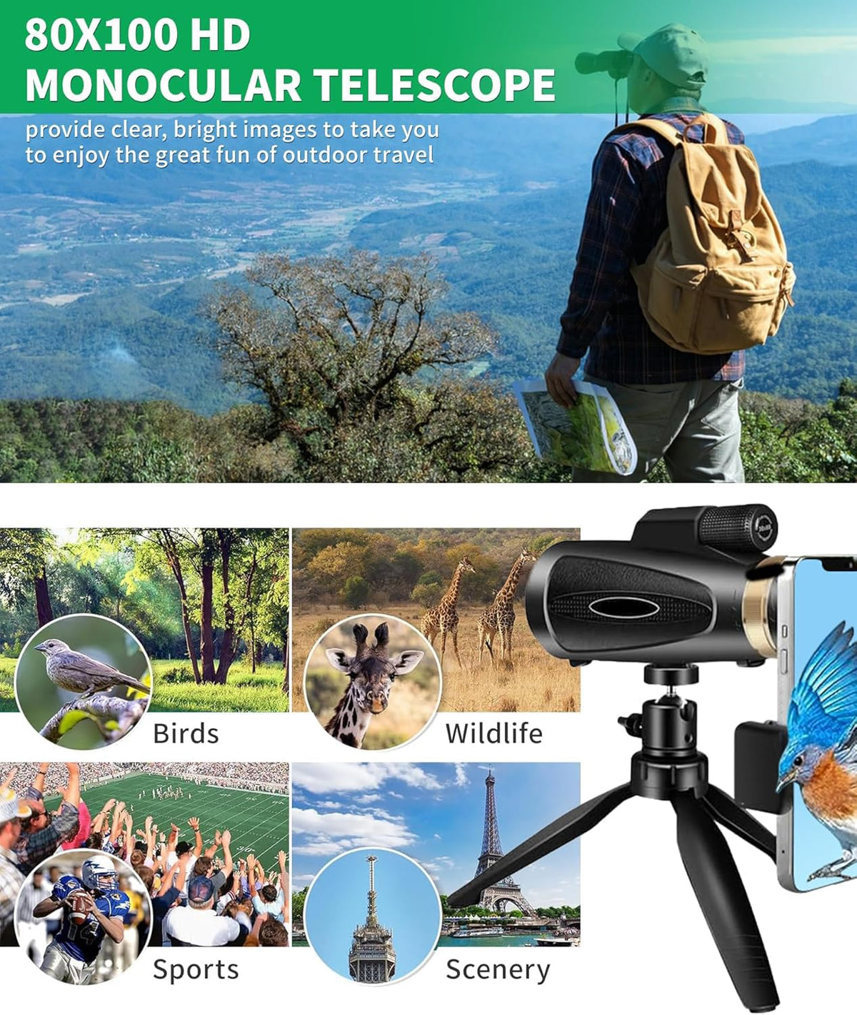 KTBDING with smartphone adapter attached demonstrating easy digiscoping and photo capture